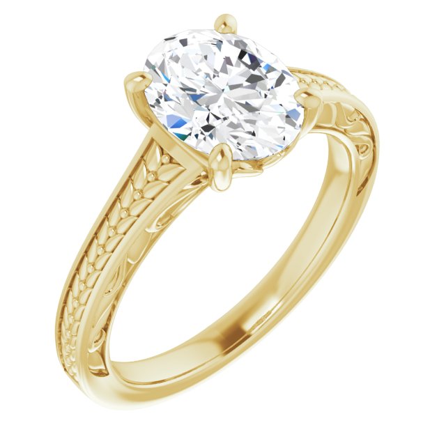 10K Yellow Gold Customizable Oval Cut Solitaire with Organic Textured Band and Decorative Prong Basket