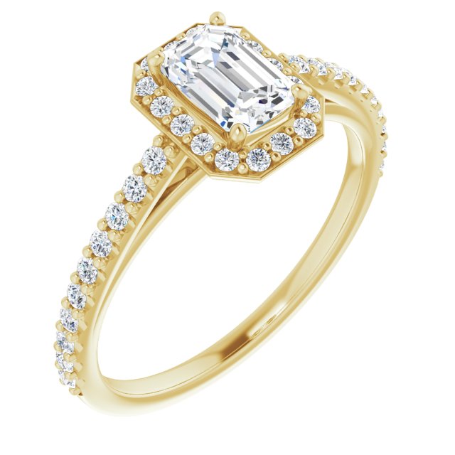 10K Yellow Gold Customizable Emerald/Radiant Cut Design with Halo and Thin Pavé Band