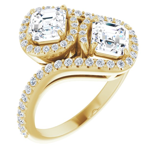 10K Yellow Gold Customizable Double Asscher Cut 2-Stone Style Enhanced with Accented Artisan Bypass Band