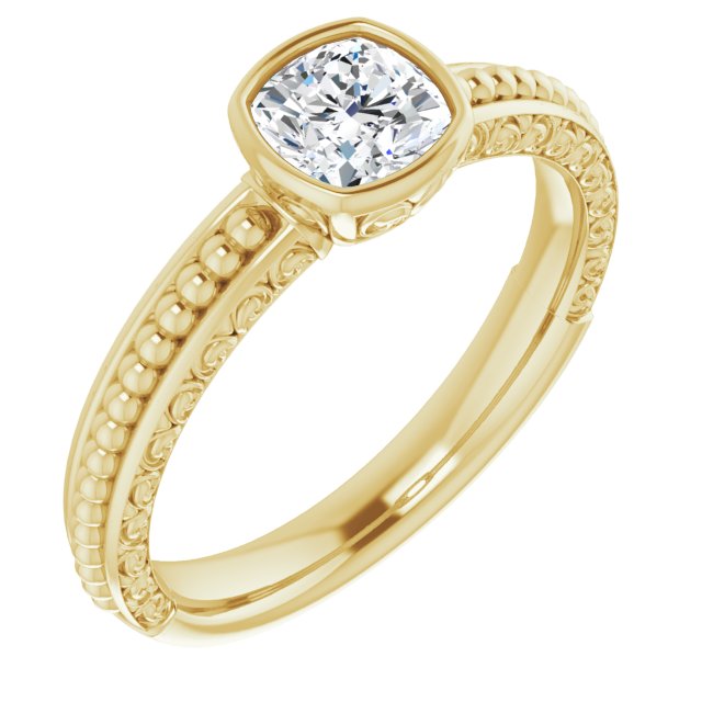 10K Yellow Gold Customizable Bezel-set Cushion Cut Solitaire with Beaded and Carved Three-sided Band