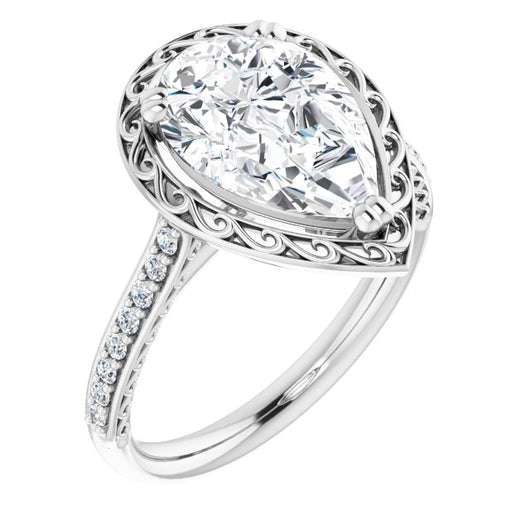 10K White Gold Customizable Pear Cut Halo Design with Filigree and Accented Band