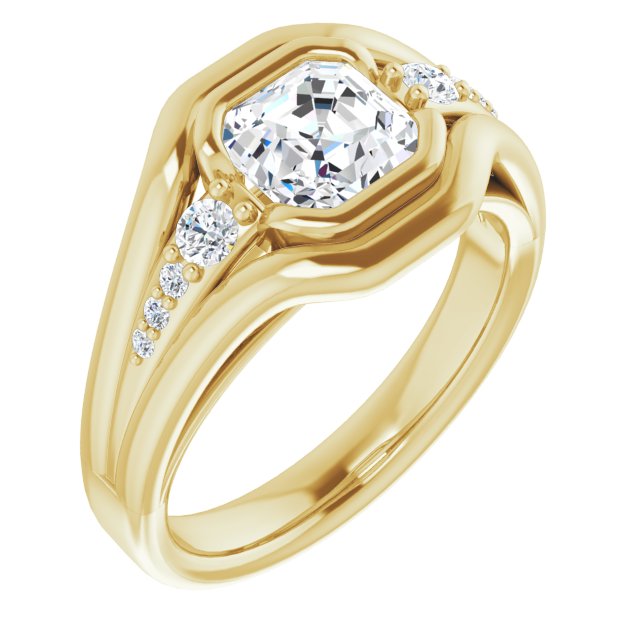 10K Yellow Gold Customizable 9-stone Asscher Cut Design with Bezel Center, Wide Band and Round Prong Side Stones