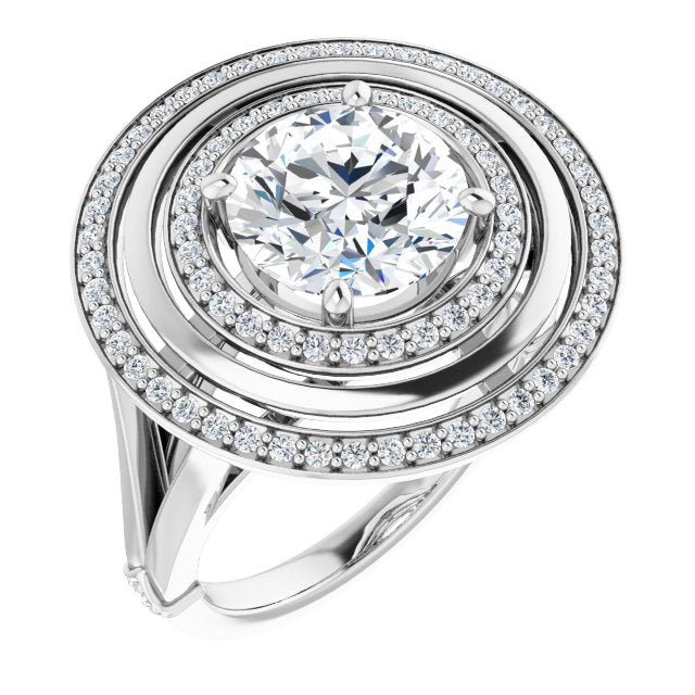 18K White Gold Customizable Round Cut Oversized 2x Halo Style with Knuckle Accented Split Band