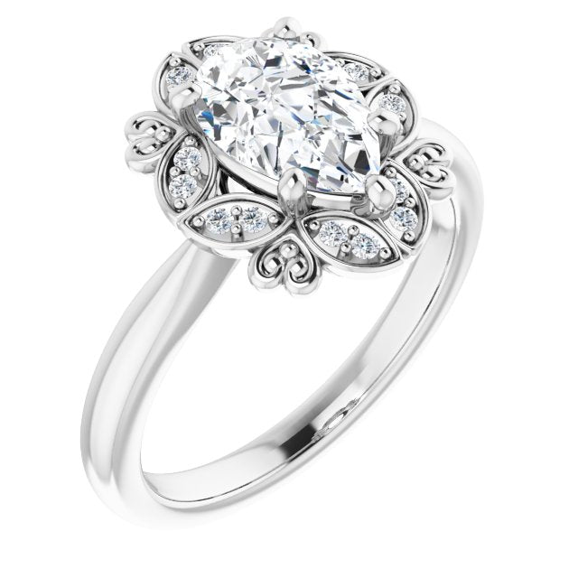 10K White Gold Customizable Pear Cut Design with Floral Segmented Halo & Sculptural Basket