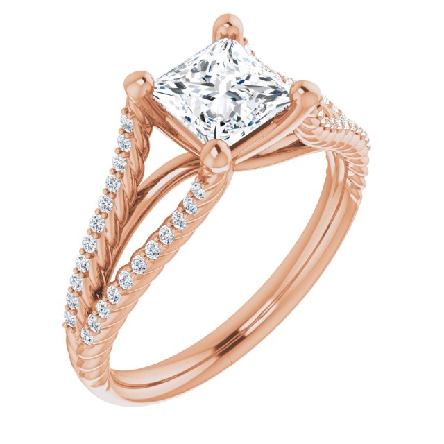 10K Rose Gold Customizable Princess/Square Cut Style with Split Band and Rope-Pavé
