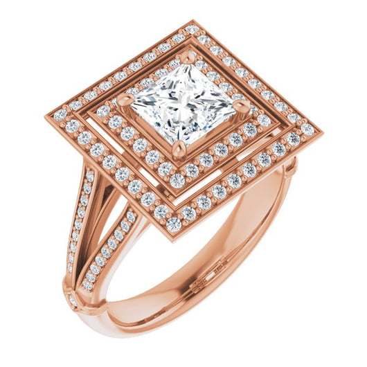 10K Rose Gold Customizable Cathedral-set Princess/Square Cut Design with Double Halo, Wide Split-Shared Prong Band and Side Knuckle Accents
