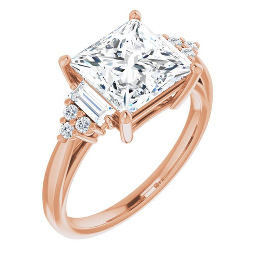 10K Rose Gold Customizable 9-stone Design with Princess/Square Cut Center, Side Baguettes and Tri-Cluster Round Accents