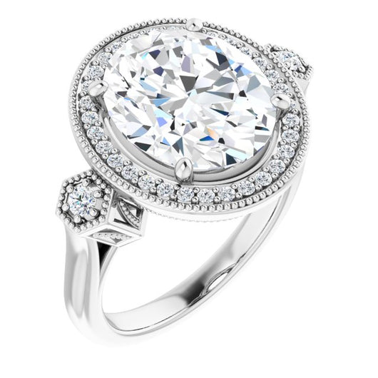 10K White Gold Customizable Cathedral Oval Cut Design with Halo and Delicate Milgrain