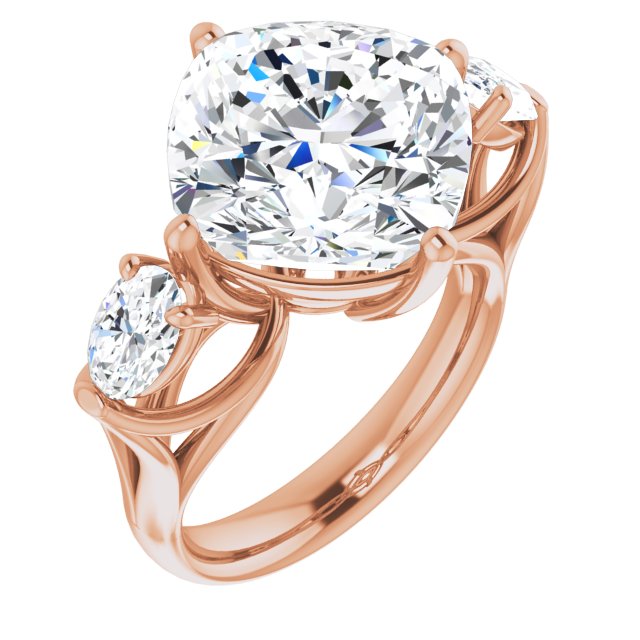 10K Rose Gold Customizable Cathedral-set 3-stone Cushion Cut Style with Dual Oval Cut Accents & Wide Split Band