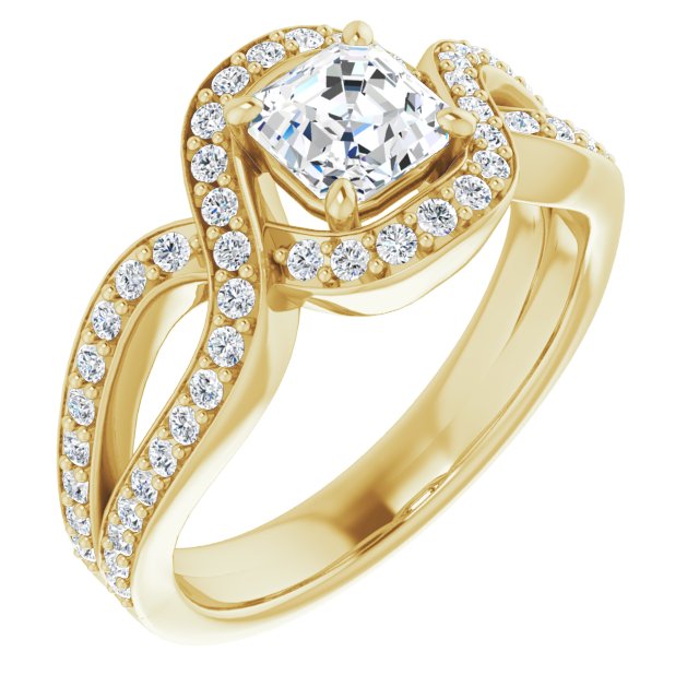 10K Yellow Gold Customizable Asscher Cut Center with Infinity-inspired Split Shared Prong Band and Bypass Halo
