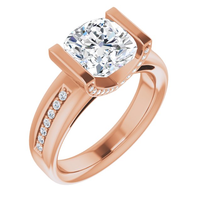 10K Rose Gold Customizable Cathedral-Bar Cushion Cut Design featuring Shared Prong Band and Prong Accents
