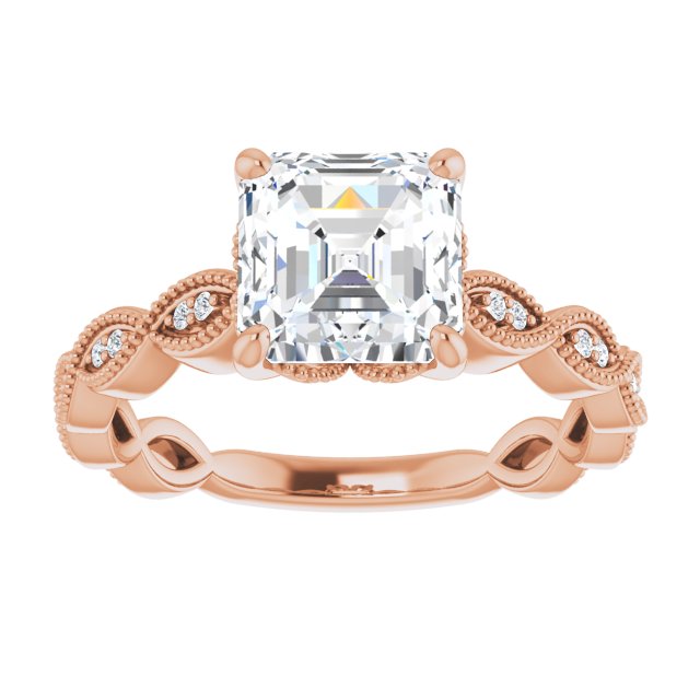 Cubic Zirconia Engagement Ring- The Shanice (Customizable Asscher Cut Artisan Design with Scalloped, Round-Accented Band and Milgrain Detail)