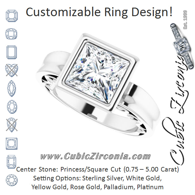 Cubic Zirconia Engagement Ring- The Fredrika (Customizable Bezel-set Princess/Square Cut Solitaire with Wide 3-sided Band)