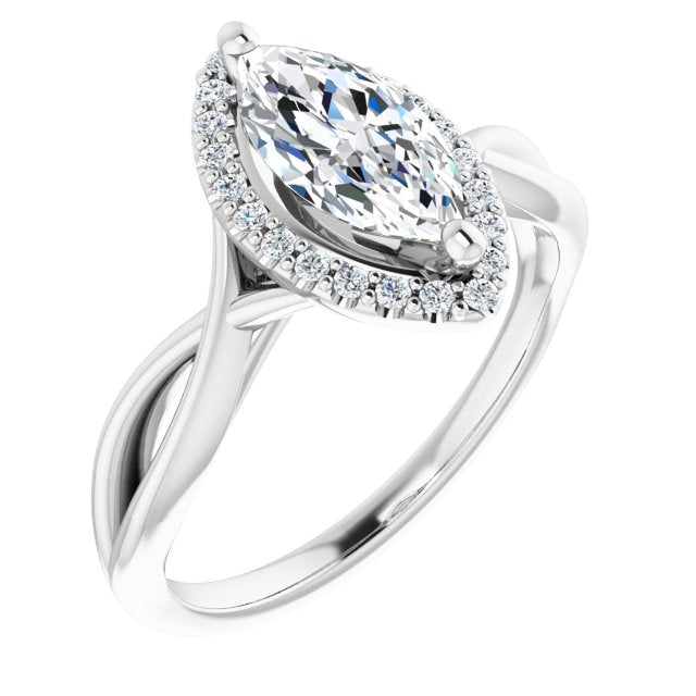10K White Gold Customizable Cathedral-Halo Marquise Cut Design with Twisting Split Band