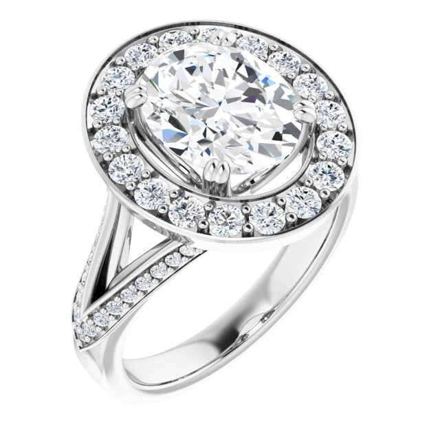 10K White Gold Customizable Oval Cut Center with Large-Accented Halo and Split Shared Prong Band