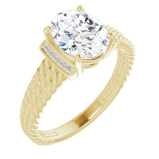 10K Yellow Gold Customizable 11-stone Design featuring Oval Cut Center, Vertical Round-Channel Accents & Wide Triple-Rope Band