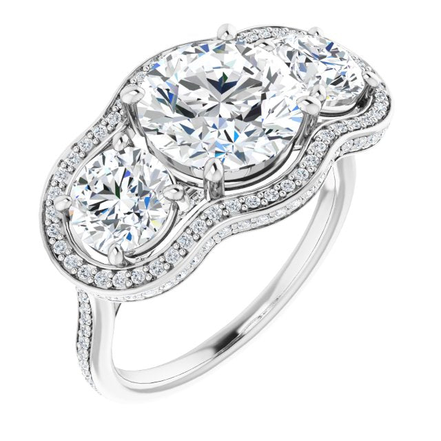 14K White Gold Customizable 3-stone Round Cut Design with Multi-Halo Enhancement and 150+-stone Pavé Band
