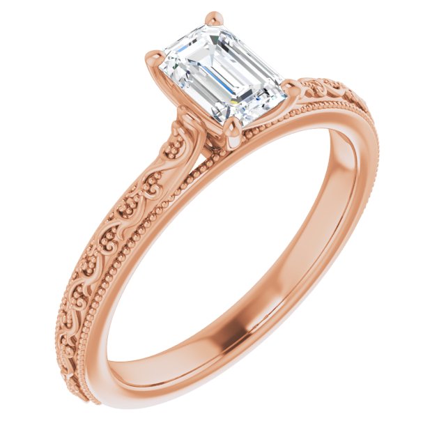 10K Rose Gold Customizable Emerald/Radiant Cut Solitaire with Delicate Milgrain Filigree Band