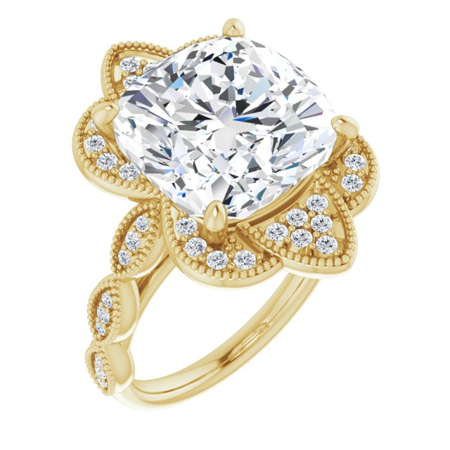10K Yellow Gold Customizable Cathedral-style Cushion Cut Design with Floral Segmented Halo & Milgrain+Accents Band