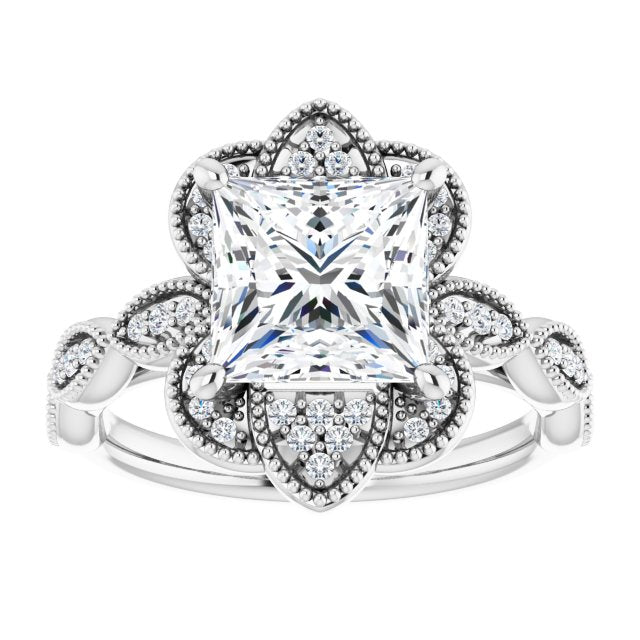 Cubic Zirconia Engagement Ring- The Huá (Customizable Cathedral-style Princess/Square Cut Design with Floral Segmented Halo & Milgrain+Accents Band)
