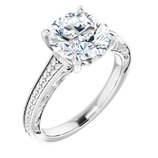 10K White Gold Customizable Round Cut Solitaire with Organic Textured Band and Decorative Prong Basket