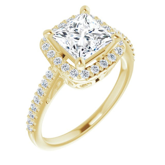 10K Yellow Gold Customizable Cathedral-Crown Princess/Square Cut Design with Halo and Accented Band