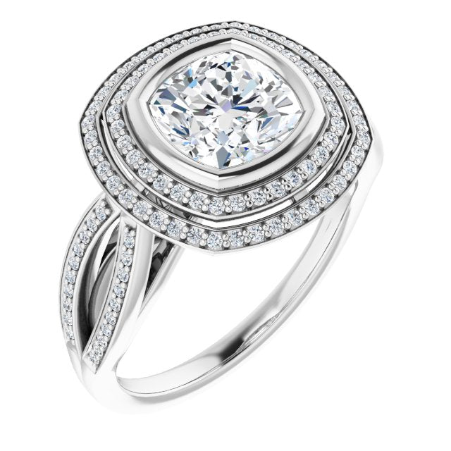 Cubic Zirconia Engagement Ring- The Eliana (Customizable Bezel-set Cushion Cut Style with Double Halo and Split Shared Prong Band)