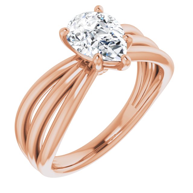 10K Rose Gold Customizable Pear Cut Solitaire Design with Wide, Ribboned Split-band