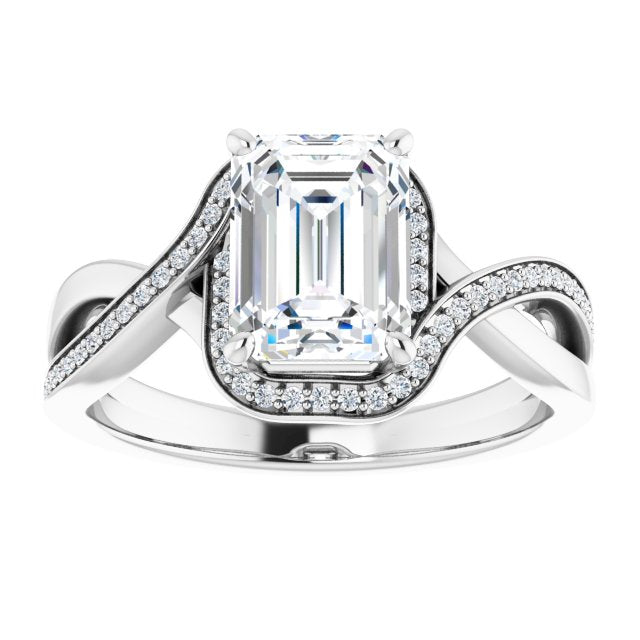 Cubic Zirconia Engagement Ring- The Ananya (Customizable Bypass-Halo-Accented Emerald Cut Center with Twisting Split Shared Prong Band)