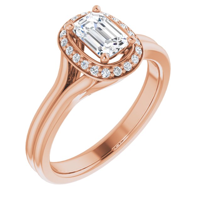 10K Rose Gold Customizable Cathedral-set Emerald/Radiant Cut Design with Split-band & Halo Accents