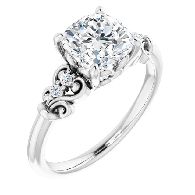 Cubic Zirconia Engagement Ring- The Amice (Customizable Vintage 5-stone Design with Cushion Cut Center and Artistic Band Décor)