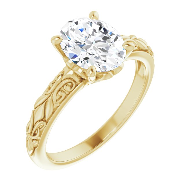 10K Yellow Gold Customizable Oval Cut Solitaire featuring Delicate Metal Scrollwork