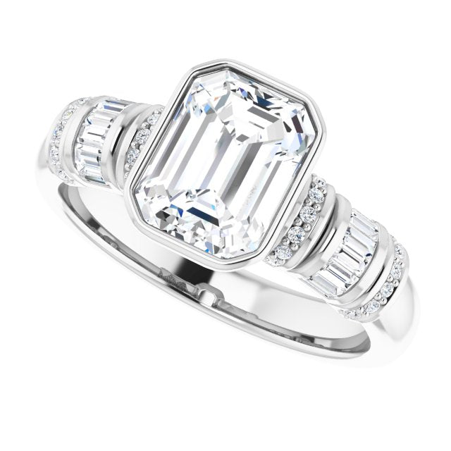 Cubic Zirconia Engagement Ring- The Coralie (Customizable Bezel-set Emerald Cut Setting with Wide Sleeve-Accented Band)