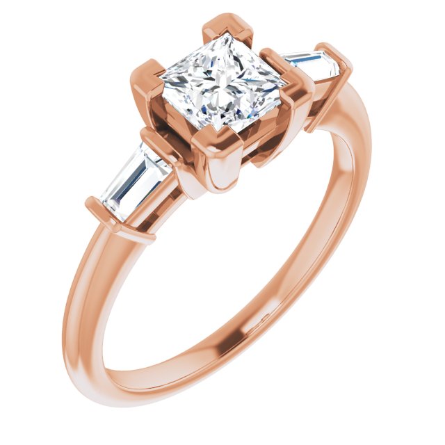10K Rose Gold Customizable 3-stone Princess/Square Cut Design with Dual Baguette Accents)
