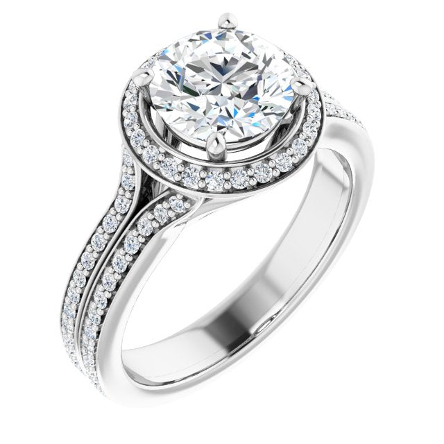 10K White Gold Customizable Cathedral-raised Round Cut Setting with Halo and Shared Prong Band