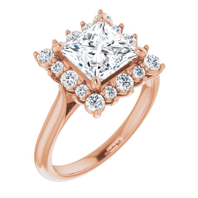 10K Rose Gold Customizable Crown-Cathedral Princess/Square Cut Design with Clustered Large-Accent Halo & Ultra-thin Band