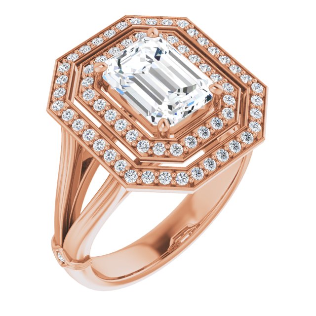 Cubic Zirconia Engagement Ring- The Cheryl (Customizable Cathedral-set Emerald Cut Design with Double Halo, Wide Split Band and Side Knuckle Accents)