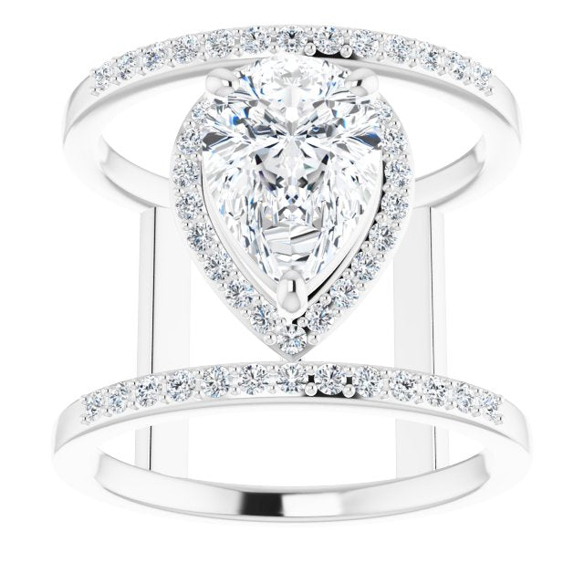 Cubic Zirconia Engagement Ring- The Jersey (Customizable Pear Cut Halo Design with Open, Ultrawide Harness Double Pavé Band)