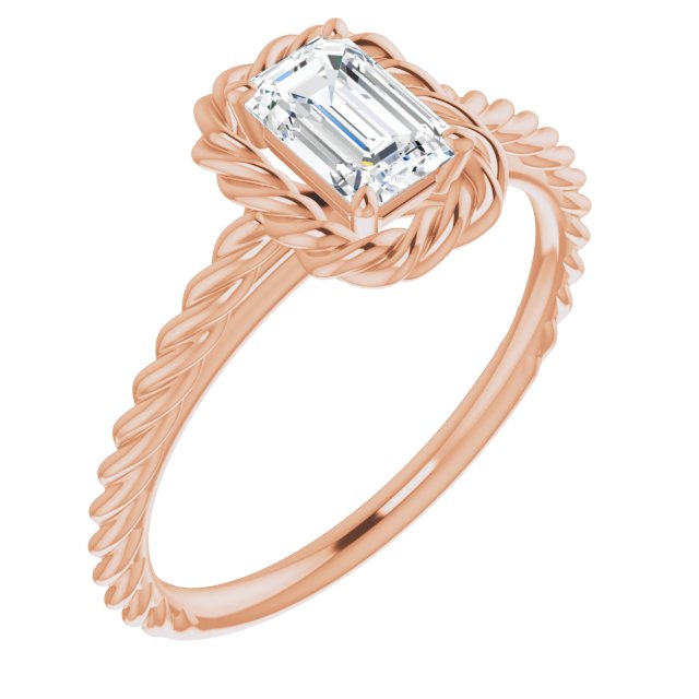 10K Rose Gold Customizable Cathedral-set Emerald/Radiant Cut Solitaire with Thin Rope-Twist Band