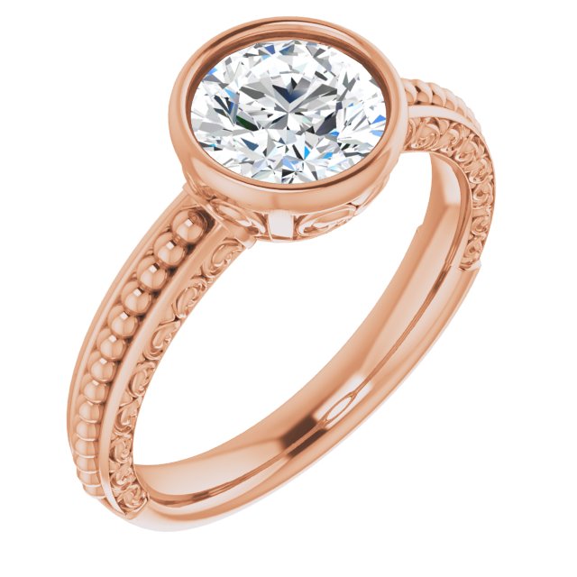 10K Rose Gold Customizable Bezel-set Round Cut Solitaire with Beaded and Carved Three-sided Band
