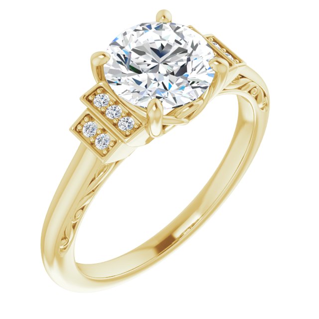 10K Yellow Gold Customizable Engraved Design with Round Cut Center and Perpendicular Band Accents