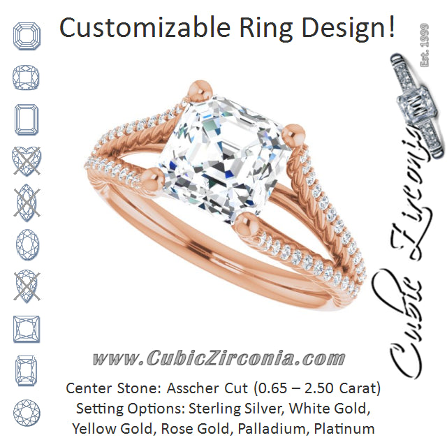 Cubic Zirconia Engagement Ring- The Contessa (Customizable Asscher Cut Style with Split Band and Rope-Pavé)