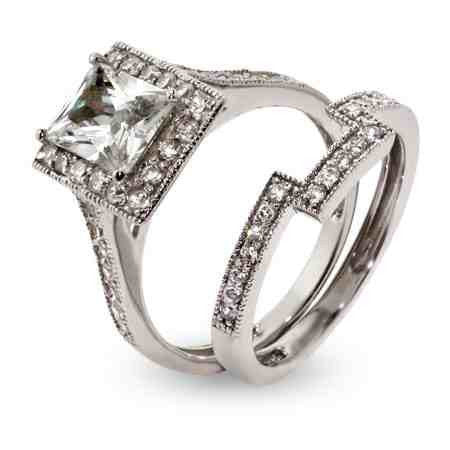 CZ Wedding Set, Style 12-88 feat The Mya Engagement Ring (3.25 TCW Emerald Cut Halo with Vintage Filigree Channel Setting)