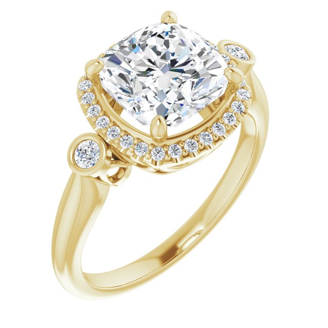 10K Yellow Gold Customizable Cushion Cut Style with Halo and Twin Round Bezel Accents