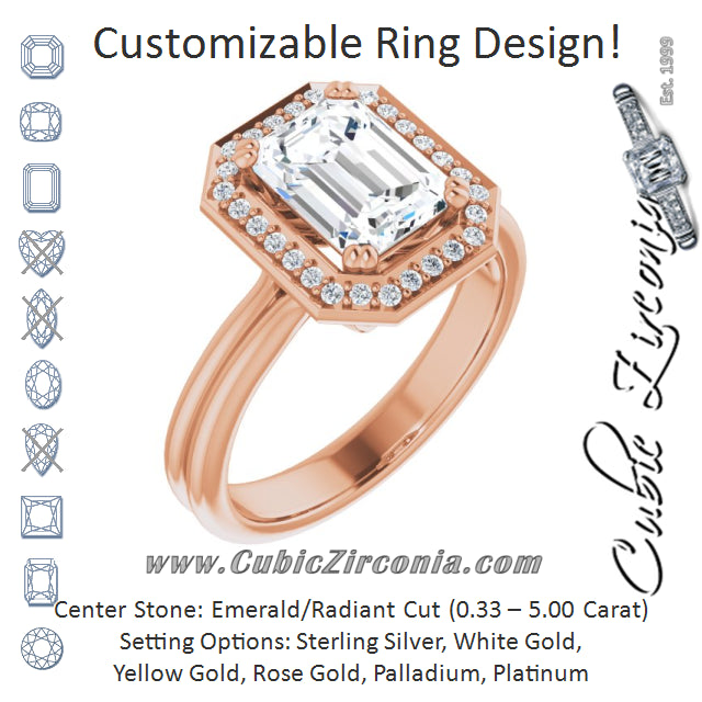 Cubic Zirconia Engagement Ring- The Jeanine Marie (Customizable Emerald Cut Style with Scooped Halo and Grooved Band)