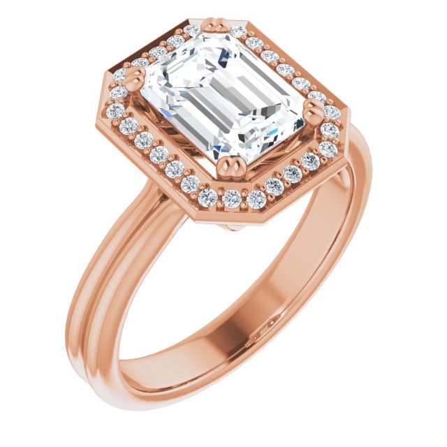 Cubic Zirconia Engagement Ring- The Jeanine Marie (Customizable Emerald Cut Style with Scooped Halo and Grooved Band)