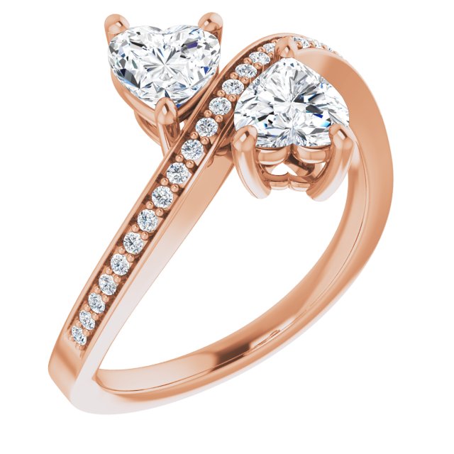 10K Rose Gold Customizable 2-stone Heart Cut Bypass Design with Thin Twisting Shared Prong Band