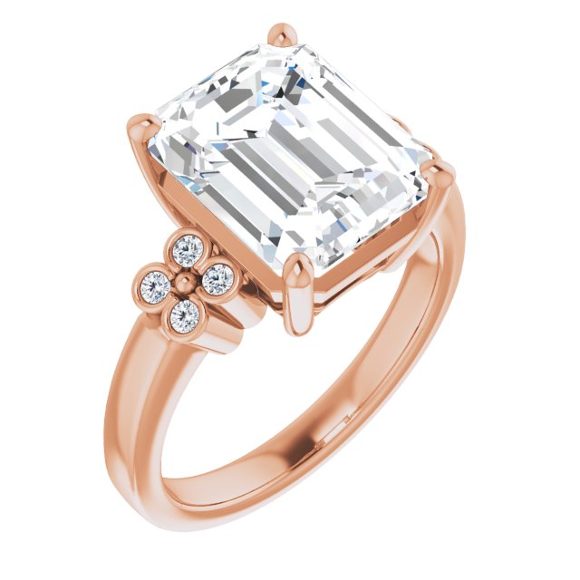 10K Rose Gold Customizable 9-stone Design with Emerald/Radiant Cut Center and Complementary Quad Bezel-Accent Sets