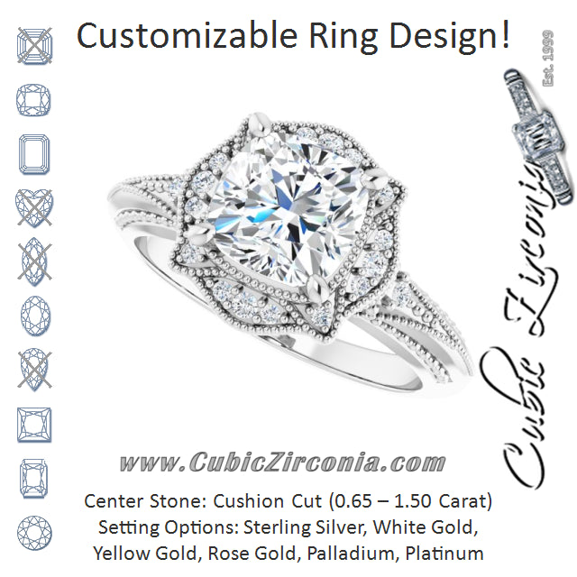 Cubic Zirconia Engagement Ring- The Ashton (Customizable Vintage Cushion Cut Design with Beaded Milgrain and Starburst Semi-Halo)