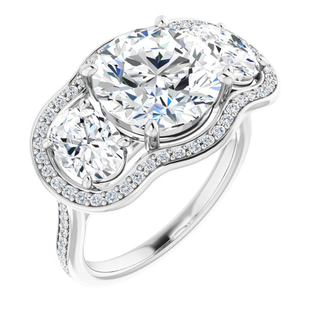10K White Gold Customizable Round Cut Style with Oval Cut Accents, 3-stone Halo & Thin Shared Prong Band
